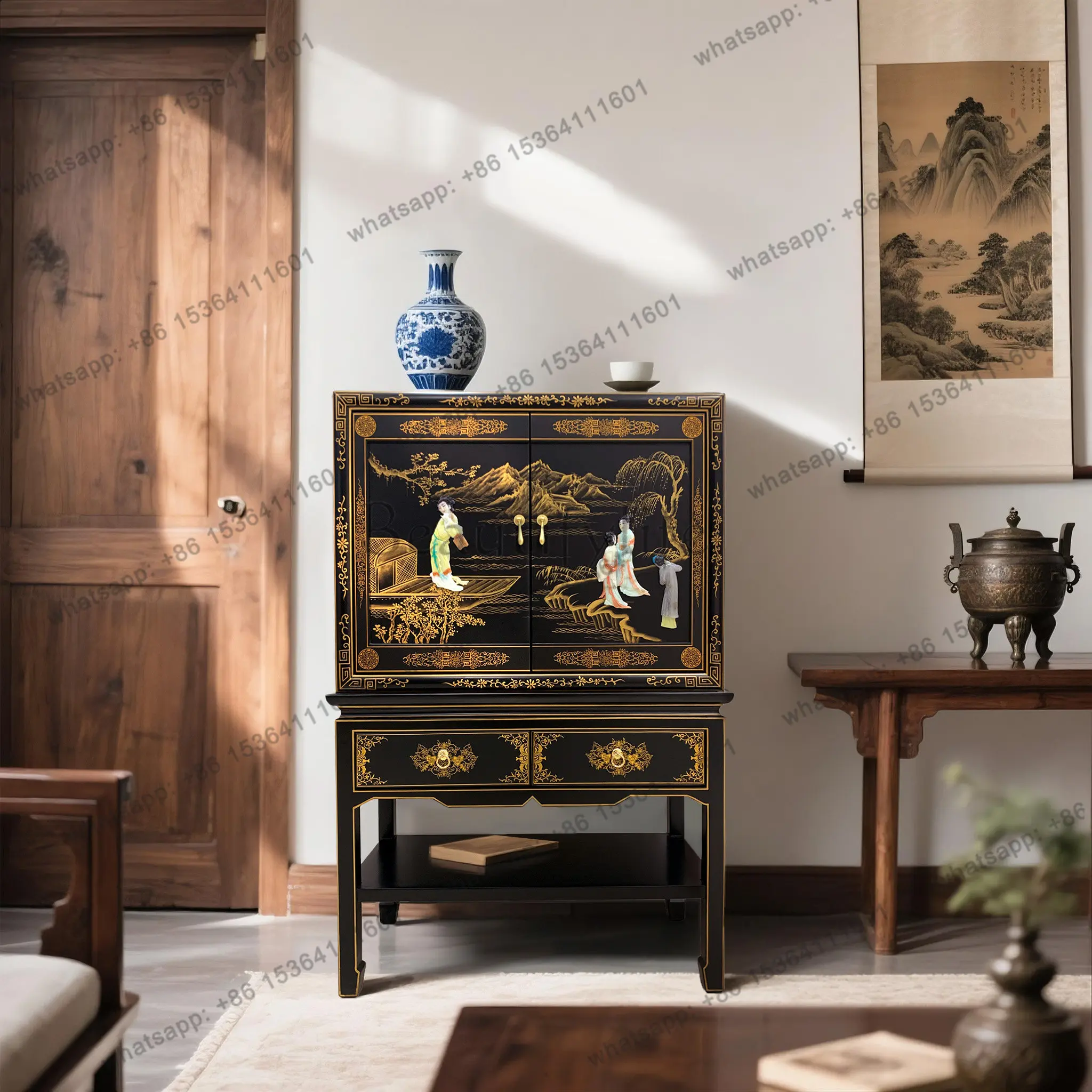 

AP557 New Chinese Style Painted Side Cabinet Talc Inlaid Entrance Cabinet 82 * 40 * 127cm