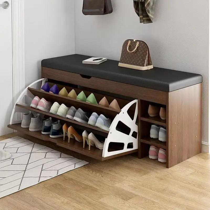 Factory Direct Leather Entrance Shoe Rack Bench Seat Wooden Shoe Storage Cabinet