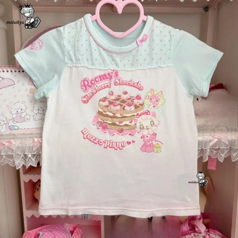 Summer Japanese Kawaii Cartoon Print Women Tops Harajuku Wave Point Patchwork T-Shirt Y2K Aesthetic Girl Student Grunge Cute Tee