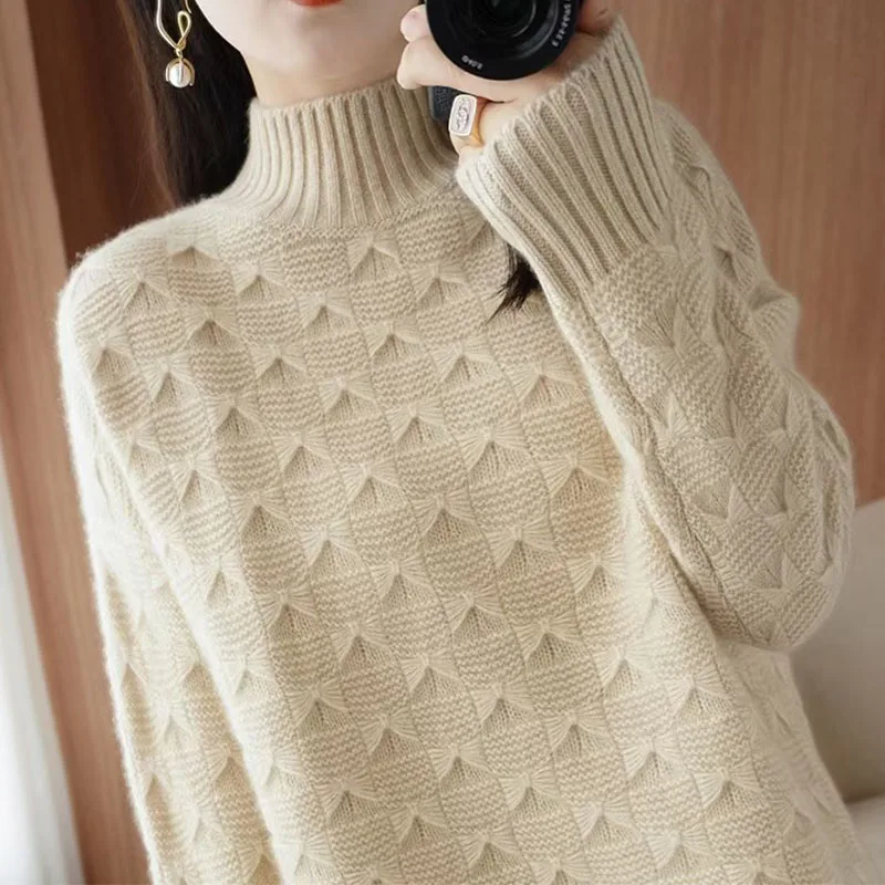 

Fall/Winter 2024 New Semi-high Collar Women's Loose Joker Long-sleeved Wool Sweater Knitted Slim Bottom Shirt