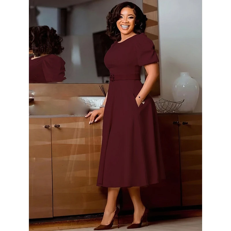 تنورة نسائية بقصة A-Line للربيع والصيف، بتصميم أكمام فقاعية قصيرة، بخصر ضيق، كاجوال للأنشطة الخارجية.