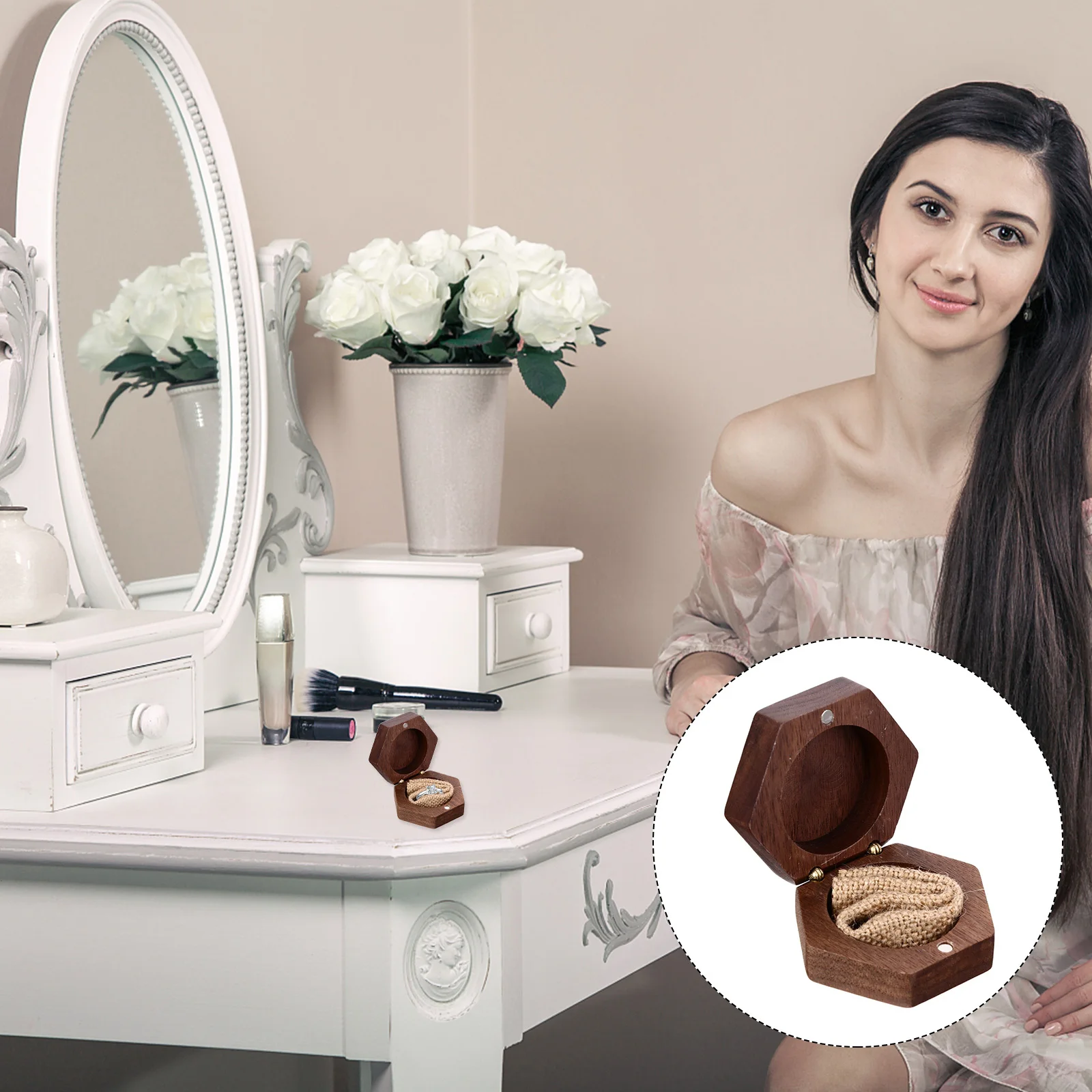 

1Pcs Wooden Hexagonal Jewelry Box Safe Gentle Durable Unique Design Earrings Rings Storage Container Desktop Organizer