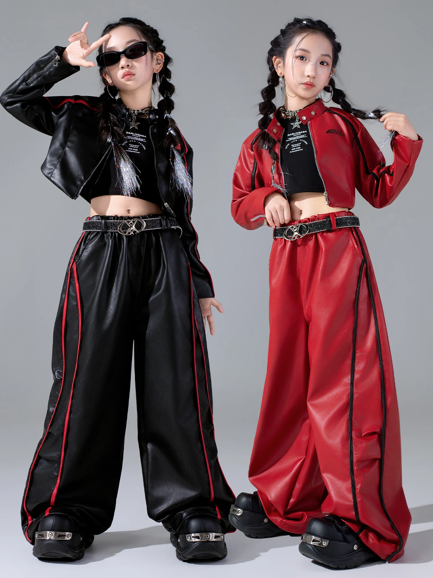 

2025 Children Ballroom Hip Hop Dance Costumes For Girls Short Coat Loose Pants Leather Suit Jazz Dance Performance Wear DQS21372