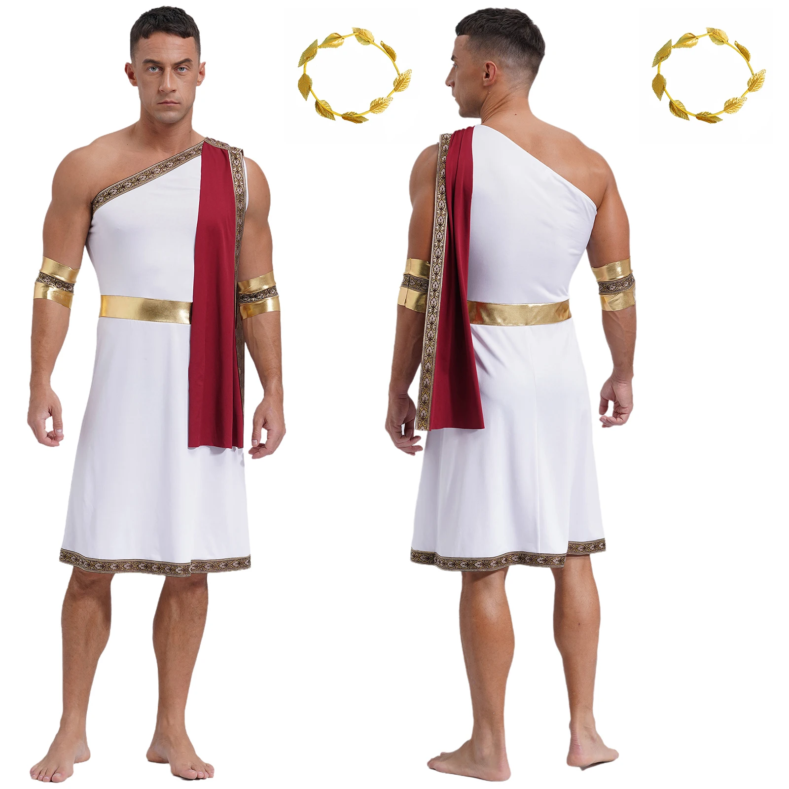 Men's Ancient Greek Toga Cosplay Costume Setgold Leaves Garland Headwear One Shoulder Robe Dress Roleplay Unifrom Festival Party