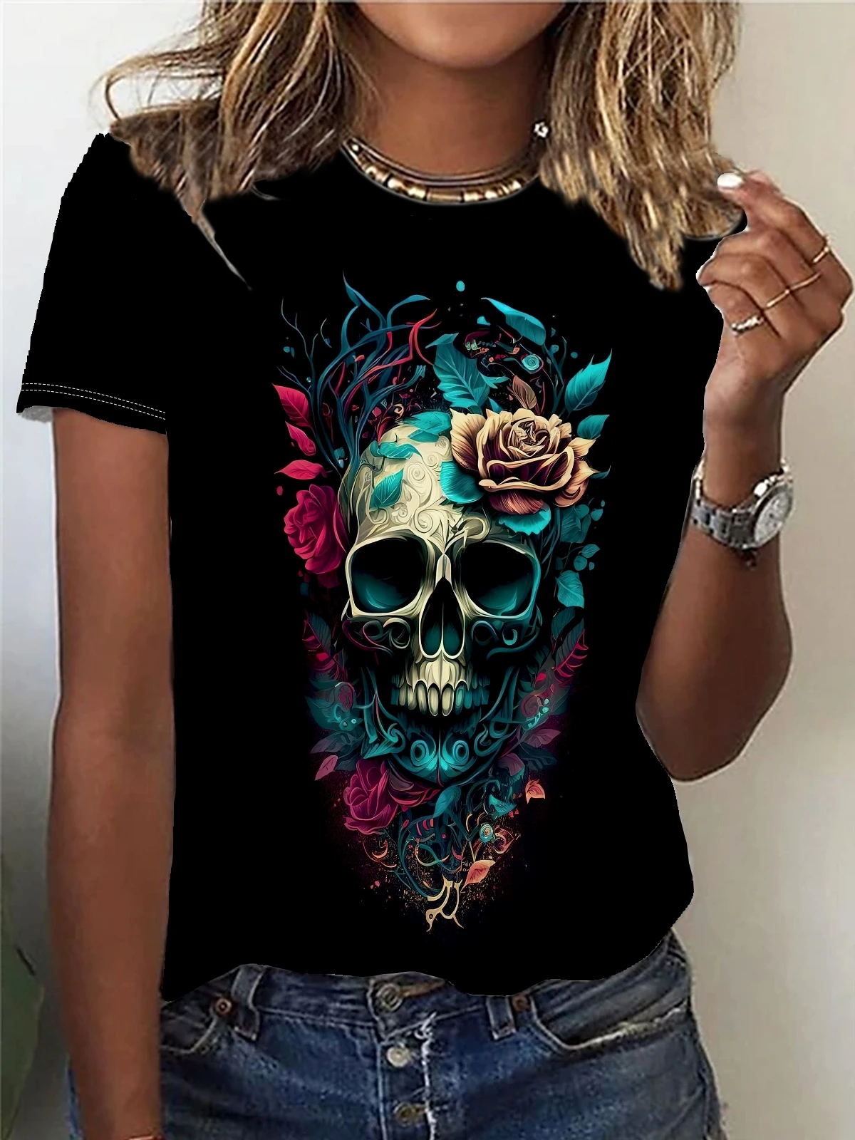 Romance remains steadfast until death  Casual Crew Neck Short Sleeve Top For Spring & Summer, Women's Clothing