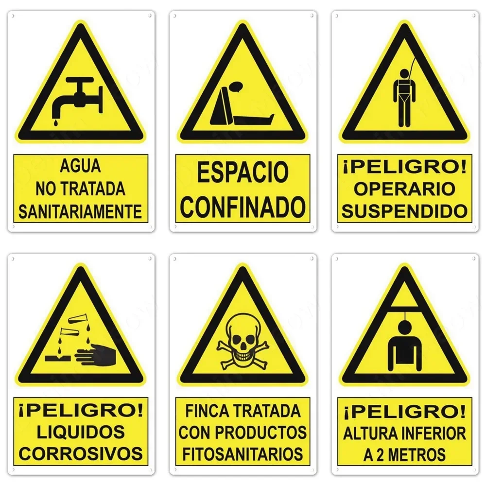 High Definition Tin Sign Spanish Safety Warning Retro Metal Wall Art, Peligro Danger Caution Plaque for Industrial Workplace Dec