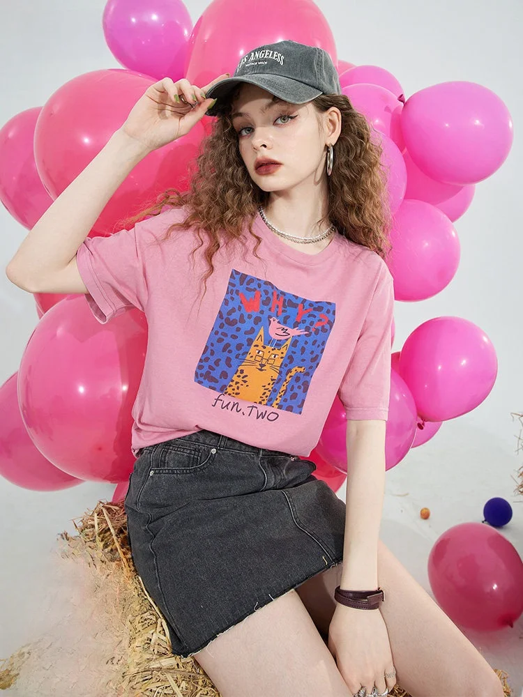 

Summer New Women's Loose Casual Short Sleeve T-Shirt Elf Sack Fairy Pocket Punk Street Print Top Polyester Cotton Blend