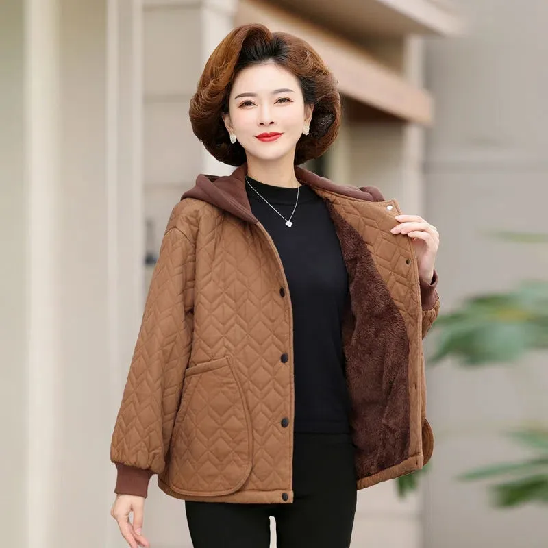 Add Velvet Autumn Winter Keep Warm Outerwear Ladies Jacket Women's Cotton Coat New 2021 Loose Casual Hooded Middle Aged Mom Top