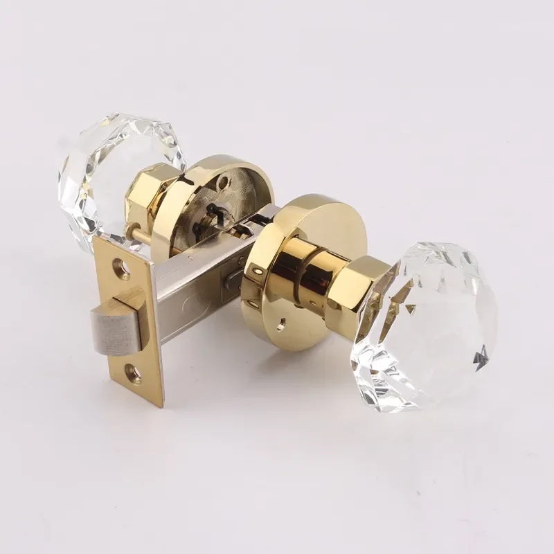 Luxury Gold Crystal Glass Door Knob Round Handle for Interior Wooden Doors Silent Bathroom Bedroom Lock Modern American Style