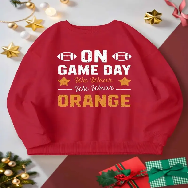 

Зима-Осень, женская одежда больших размеров, женский свитшот большого размера, одежда в день игры, оранжевый текст, модная ткань из чистого хлопка