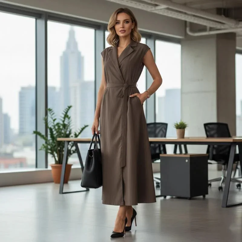 

Summer Women's Casual Dress 100% Cotton Sleeveless Lapel Tie Waist Split Linen Shirt Dress For Daily Office Vacation Party Wear
