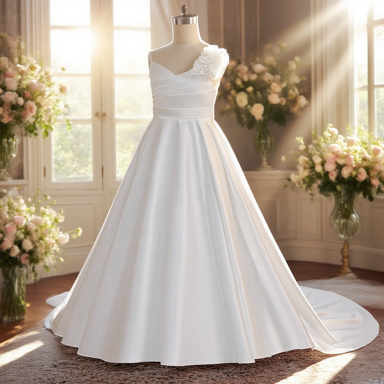 

White Sling Trailing Skirt Kids Long dress with train for poet violin and piano performance birthday party evening dress