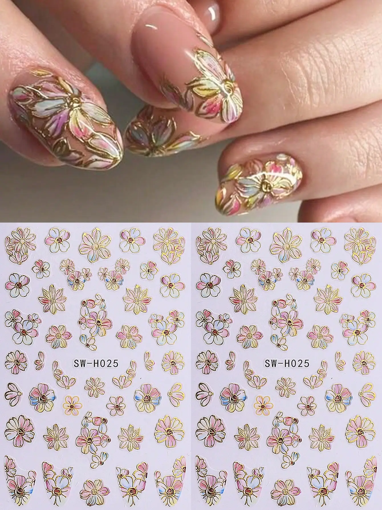 

2pcs Pink Floral Nail Art Stickers, Luxury Gold Foil Flower Plant Nail Decals. 3D Self-Adhesive Slider. Women Nail Art Supplies for Spring & Summer Nails.