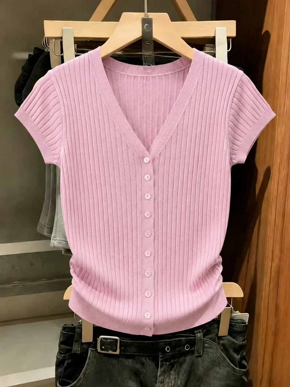 

Korean Style V-Neck Short Sleeve Knitwear Slimming Single Button Women's Top Summer Anti-Aging High-End Feeling Small Shirt