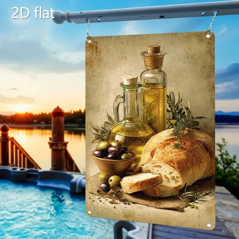 1-Piece Vintage Olive Oil, Bread, and Olives Metal Sign—Rural Style Wall Decoration, Suitable for Home, Cafe, Bar, or Restaurant | Classic Iron