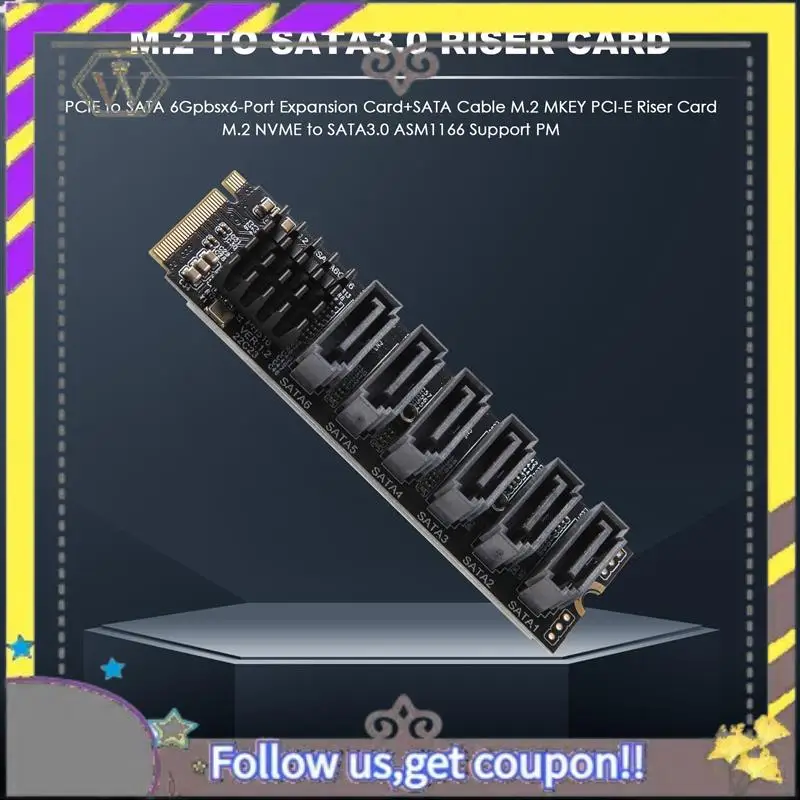 

New PCIE To SATA 6Gpbsx6-Port Expansion Card+SATA Cable M.2 MKEY PCI-E Riser Card M.2 NVME To SATA3.0 ASM1166 Support PM