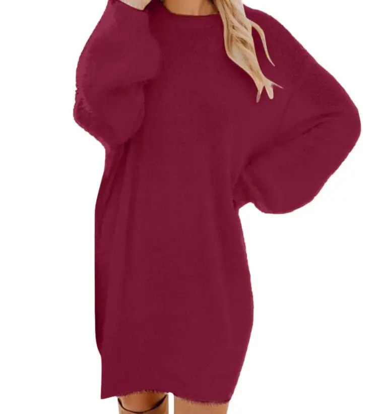 

New Fashion Long Sleeved Round Neck Loose Plush Solid Color Dress For Women,13 Colors