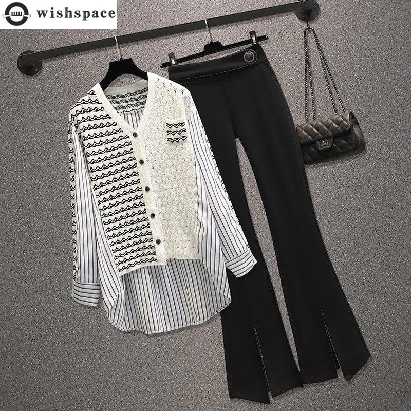 

Summer New Elegant Women's Pants Set Hollow Out Knitted Chiffon Shirt Top Personalized Casual Pants Two-piece Set Female Blouse