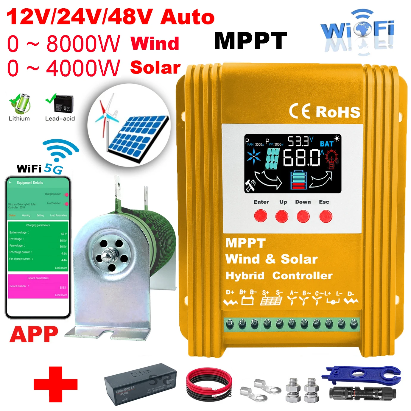 

4000W 6000W 8000W MPPT Wind And Solar Hybrid Controller 12V 24V 48V Automatic Ldentification 160A 80A Connectable Battery