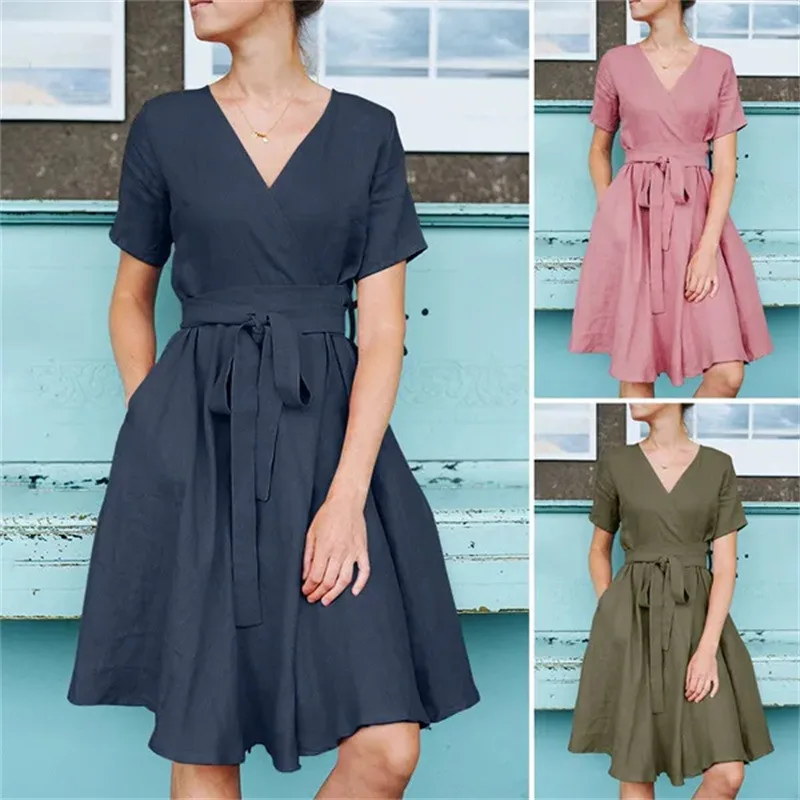Solid V-Neck Short Sleeve Pocket Bow Belt Linen Maxi Dress Women's Casual