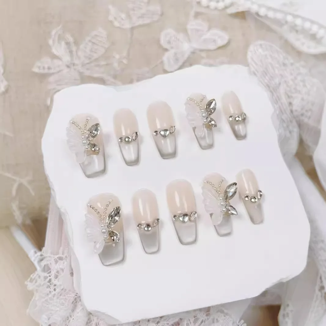 

10pcs/set Handcrafted Long Oval Press-On Nails with 3D Butterfly & Cat Eye Designs Pearl Accents - Glossy Finish False Nails