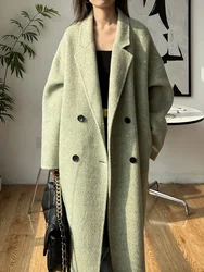 High-end Women Double-sided Wool Long Coat Warm Mulberry Silk Lapel Loose Double Breasted Wool Coat Female Fashion Autumn Winter