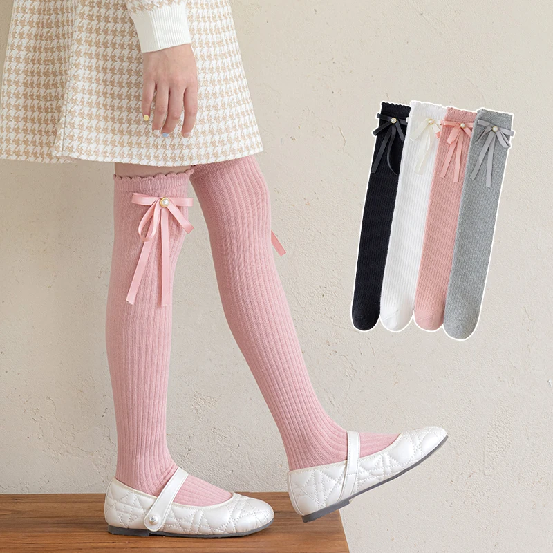 Elegant Princess Girls Sweet Korean Vertical Stripe Lolita Style Streamer Bows Adorned With Pearl Soft Stretchy Thigh High Socks