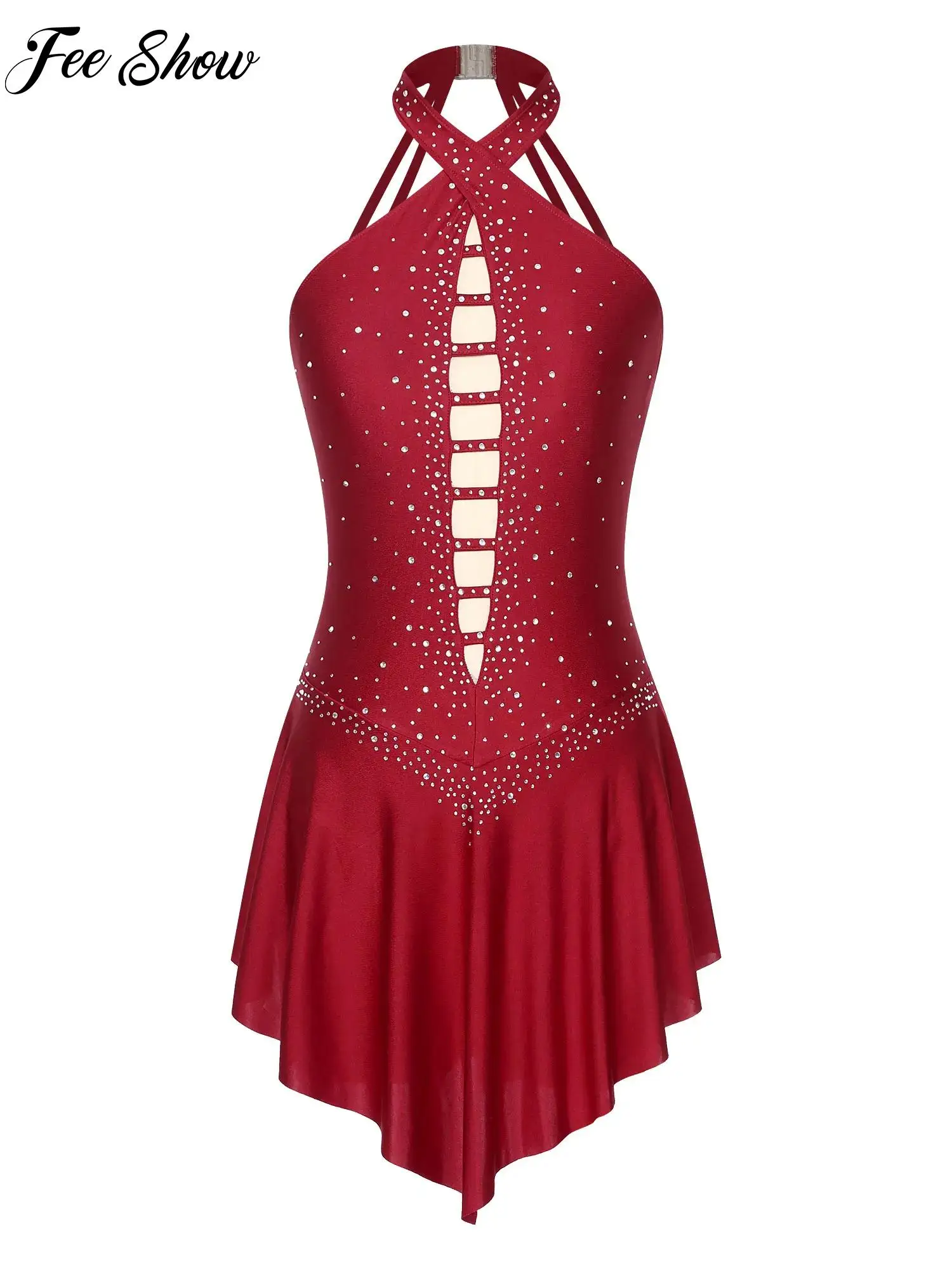 

Womens Figure Skating Dress Ballet Dance Gymnastics Leotard Tutu Dresses Sleeveless Sparkly Crystals Stage Performance Dancewear