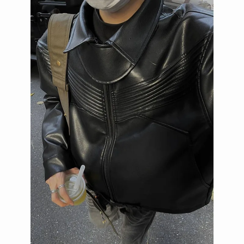 

Foufurieux Maillard Wears A Black Motorcycle Leather Coat for Men American Retro Cleanfit Short Jacket with A Trendy Collar