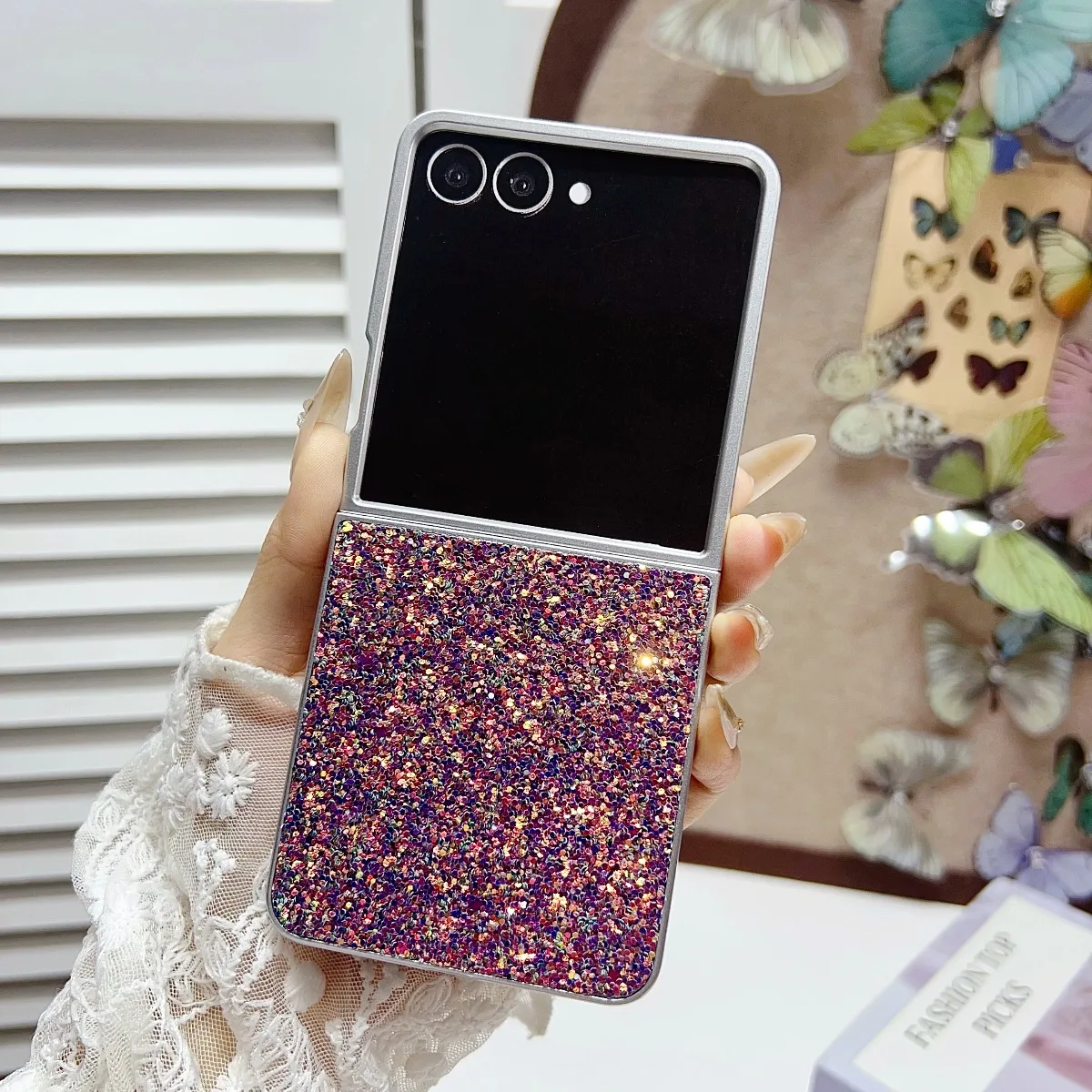 Phone Case for Samsung Galaxy Z Flip 8 7 6 5 4 5G Zflip8 ZFlip7 FE Plating Silver Frame Bling Diamond Glitter Protective Cover