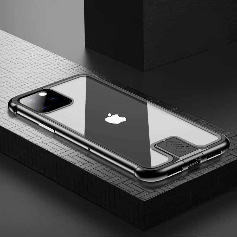 Case For Iphone 11 Pro 9h Hardness Clear Tempered Glass Aluminum Metal Slide Case Cover For Apple Iphone11 Pro Hard Cases