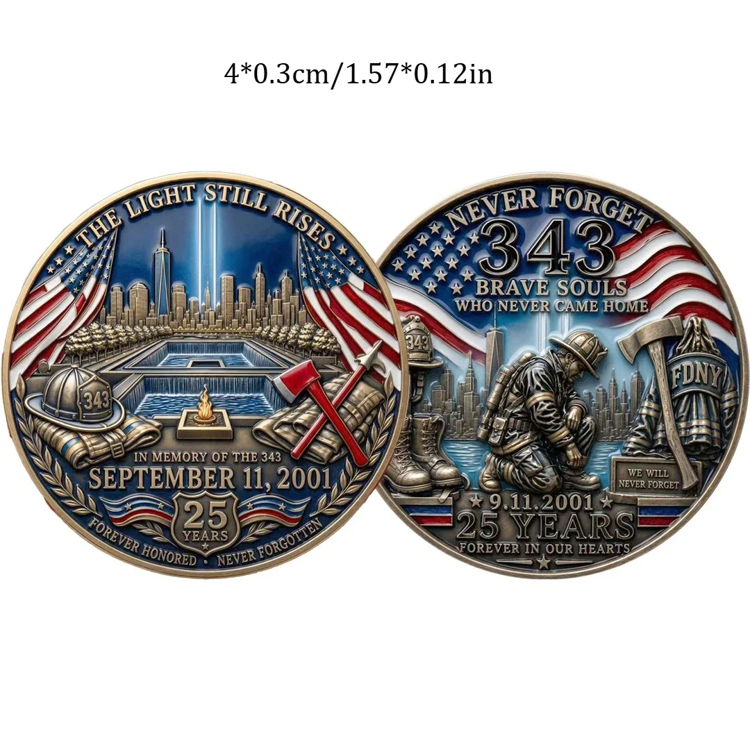 9/11 25. Jahrestag 343 Gefallene Feuerwehrleute Bronzebeschichtete Gedenkmünze Nie Vergessen WTC Tribut-Souvenir-Münze Heimdekoration – Detail 6