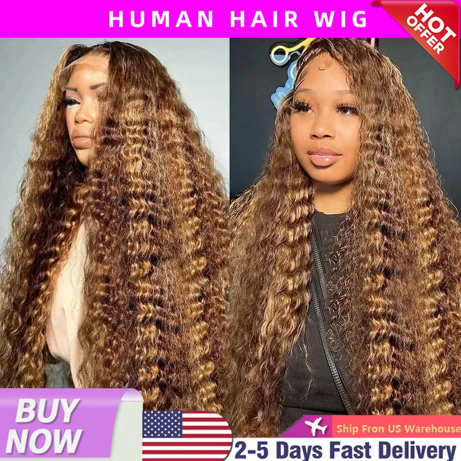 30 40 Inch Highlight Ombre Curly 13x4 Lace Front Wig 4/27 Colored Deep Wave 13x6 Lace Frontal Human Hair Wigs