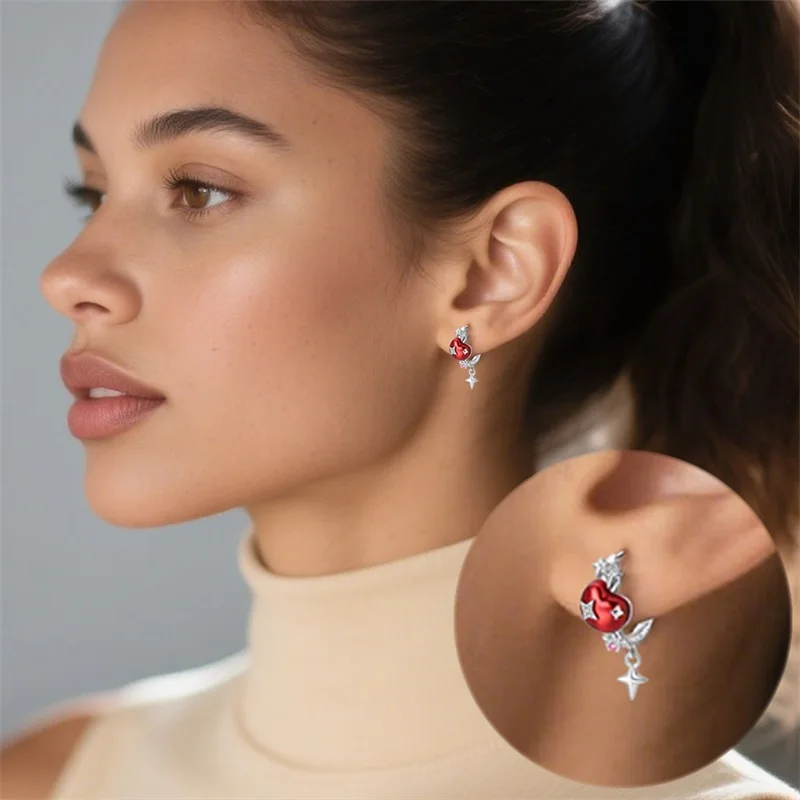 Immagine 4: Orecchini a cerchio in argento sterling 925 con mela rossa per donna, gioielli raffinati per compleanno e anniversario