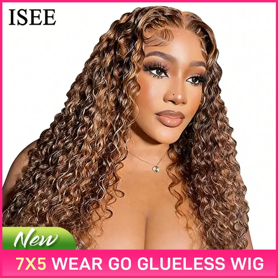 

Wear And Go Glueless Wig Ombre ISEE HAIR Highlight Mongolian Deep Wave 6x4 Hd Lace Glueless Pre Plucked Human Wigs Ready To Go
