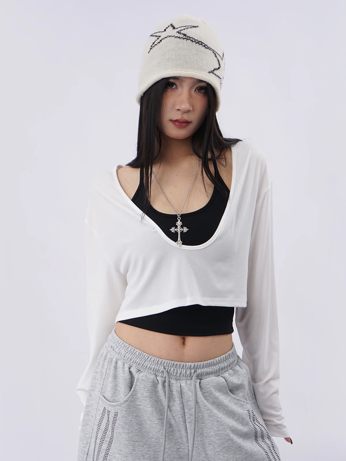 White Sun Protection Cover up Tank Top Two Piece Set Hiphop Street Dance Jazz Outerwear Sporty Ladies T-Shirt V Neck Short Le...