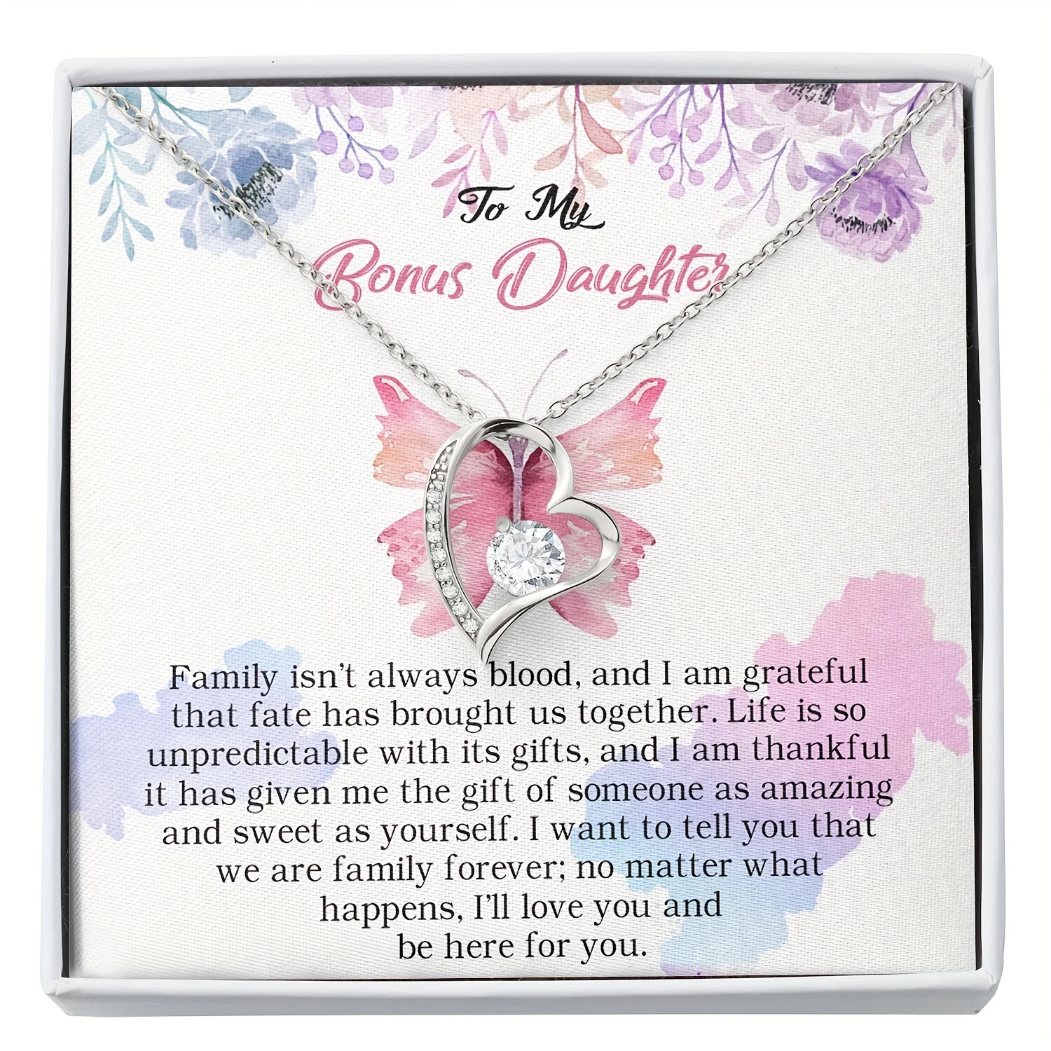 Gift for My Bonus Daughter - Necklace with Heart Pendant And Poem Card in a Beautiful Box-Plated for Step Moms, Birthday Gift