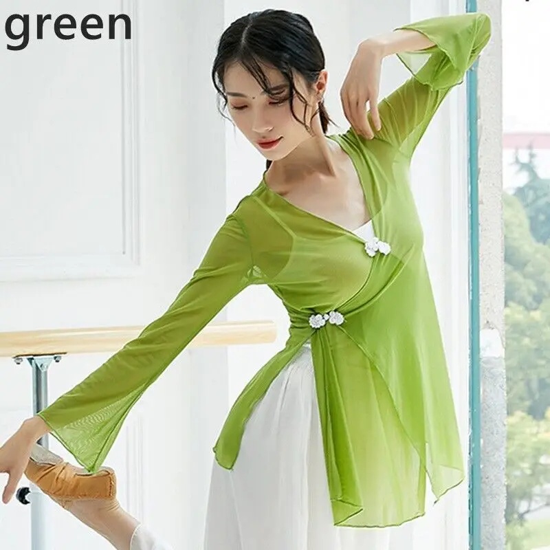 Camicia da danza classica da donna Sexy trasparente stile tradizionale cinese Top Body Rima Abito in garza Ragazza Elegante costume da balletto