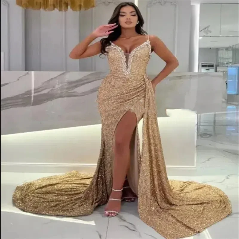 

Customized Glitter Luxury Prom Dress Sexy Italian Strap Crystal Beaded V-Neck Mermaid High Slit Formal Party Evening Dress 2025