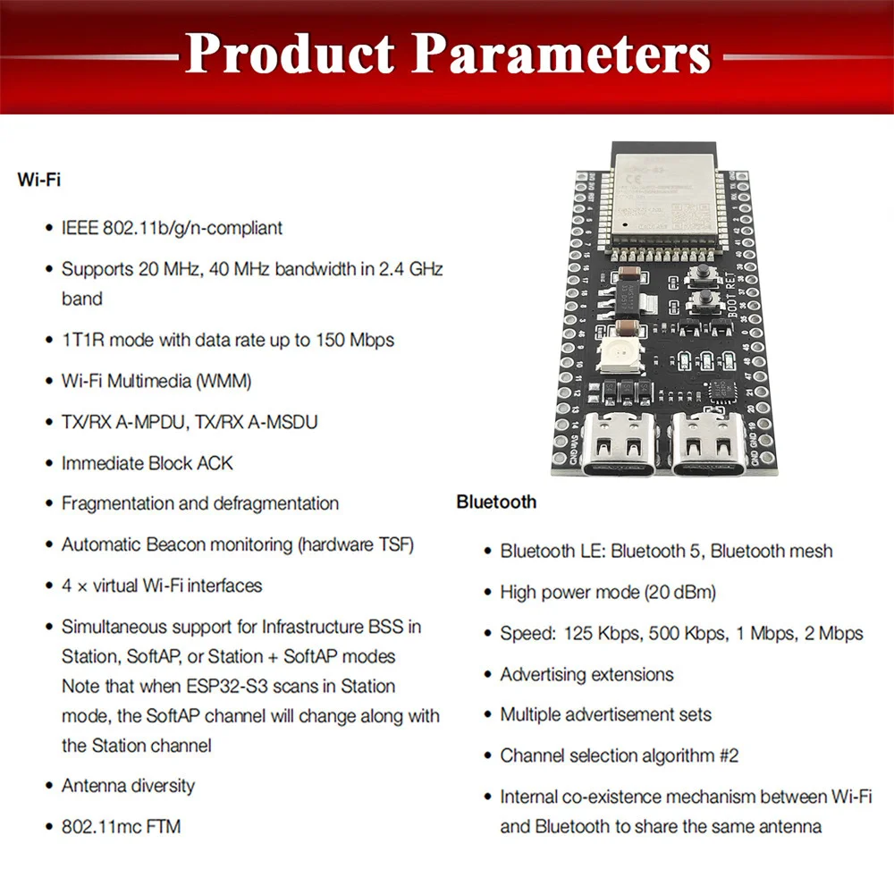 ESP32 S3 Development Board 2.4G Wifi BT Module BLE5.0 Original ESP32-S3 MCU N8R2 N16R8 44Pin Type-C 8M PSRAM