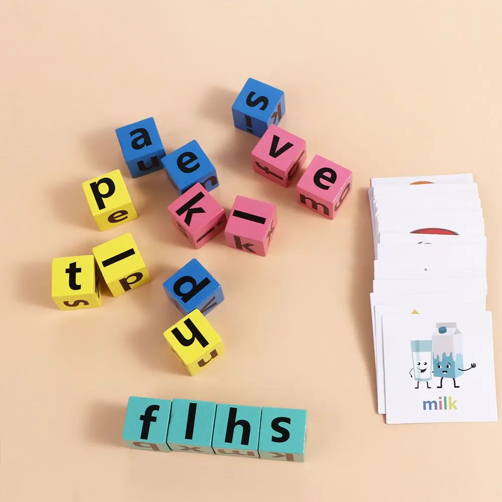 Wooden Word Spelling Game Alphabet Learning Toy for Preschool Boys and Girls Letters Reading Building Blocks with 40 Cards