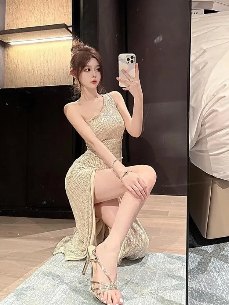 Summer Beige Sexy Club Off Shoulder Sequin High Split Long Dress Women 2024 Elegant Backless Birthday Party Evening Prom Dresses