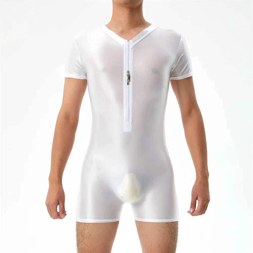 

Men Zipper Undershirts Leotard Shorts Sleeve Seamless See Through Singlet Bodysuits Slip Homme Gay Jumpsuits Elastic Underwear