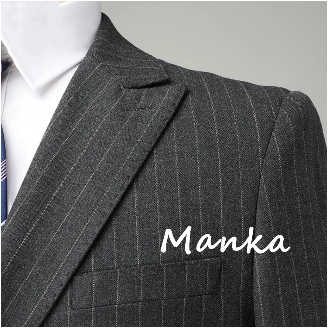 Grey Stripe Double Breasted Groom Smoking para casamento, Blazer clássico e calças, terno de negócio formal, baile, 2pcs