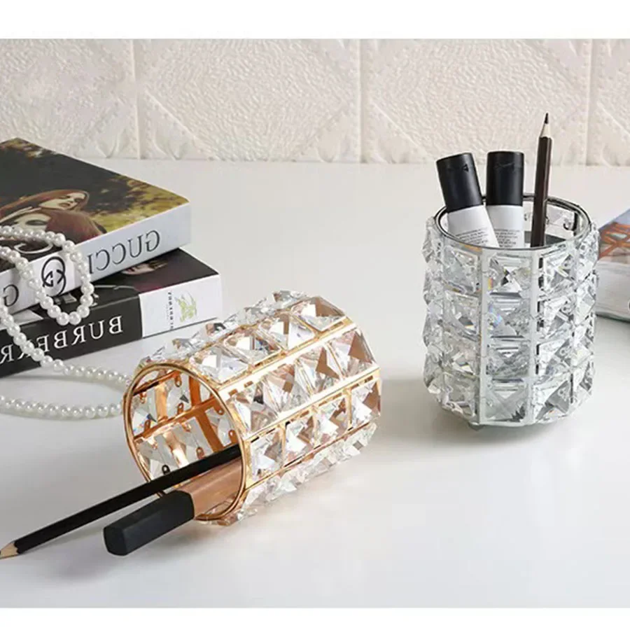 Makeup Brush Holder Diamond Eyebrow Pencil Metal Jar European Style Cosmetic Organizer Crystal Bead Jewelry Storage Box