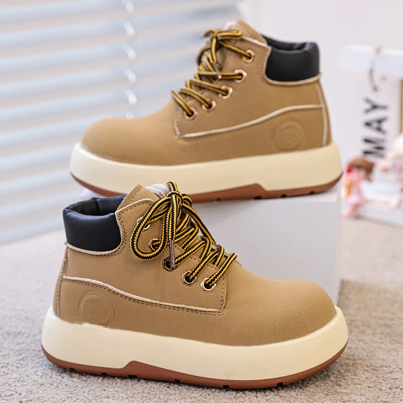 جديد للأطفال موضة الأحذية الصفراء الخريف الشتاء سميكة وحيد صبي فتاة المضادة للانزلاق عالية أعلى الأحذية الجلدية الدانتيل يصل الاطفال حذاء كاجوال #5