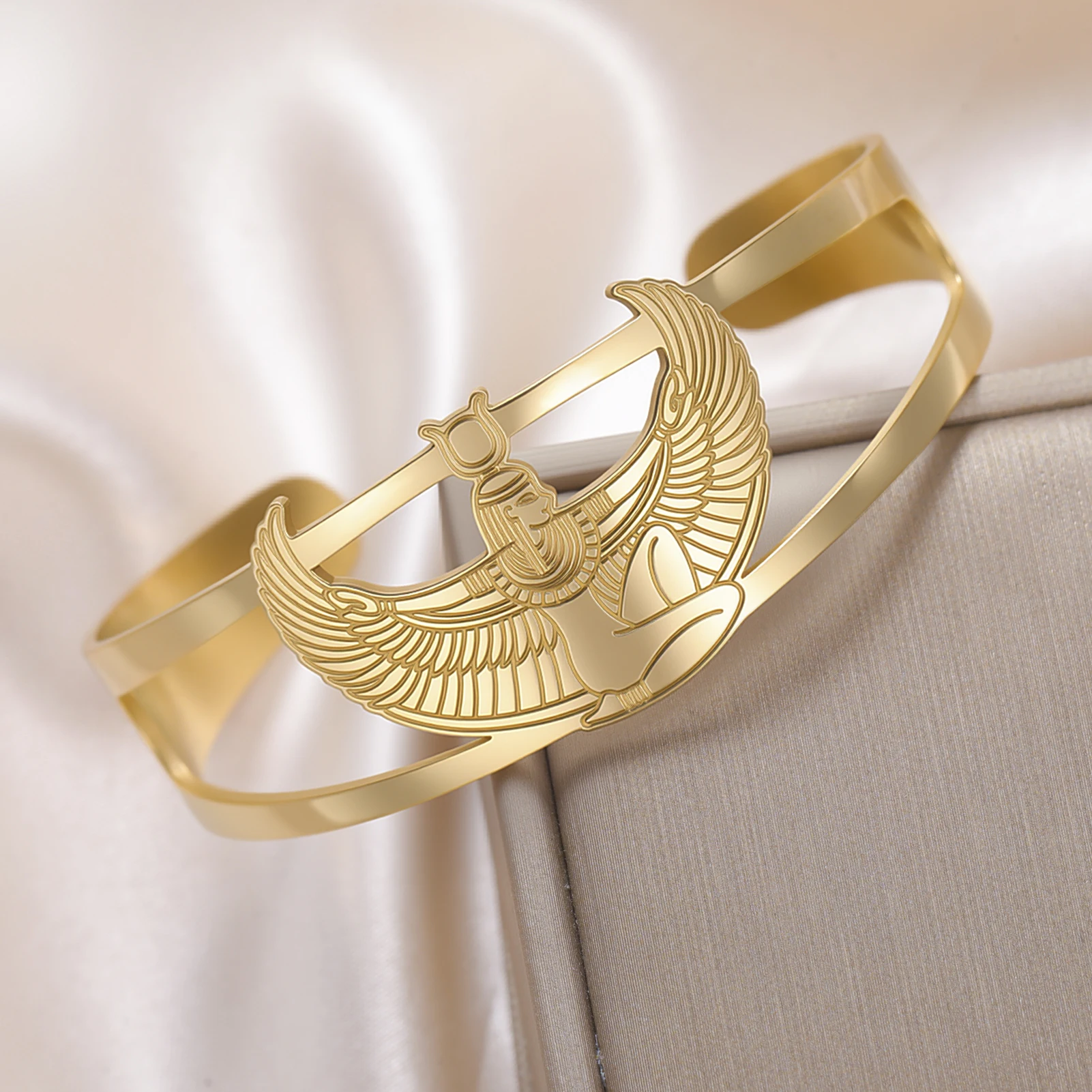 VASSAGO Egyptian Goddess Bracelet for Women Men Winged Goddess Isis Cuff Bangle Bracelet Stainless Steel Ancient Egypt Jewelry