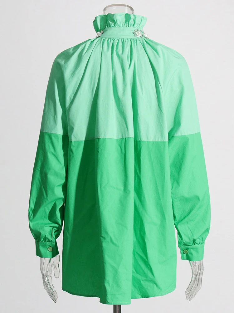 เสื้อเบลาส์ลำลองสำหรับผู้หญิงประดับคอตั้งเพชรปะต่อหลากสีเสื้อผู้หญิงทรงหลวมกระดุมแถวเดียว