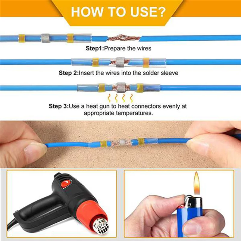 

VELIF-300 шт. 12-10 AWG желтые разъемы для проводов с пайкой, термоусадочные водонепроницаемые разъемы для проводов, электрические клеммы