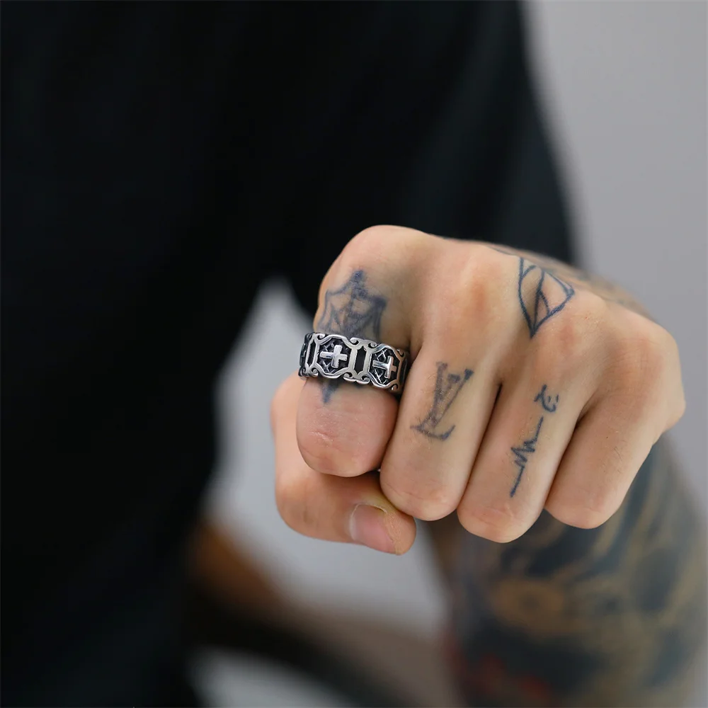 แหวนเปิดรูปทรงกางเขนสไตล์วินเทจฮิปฮอป ทำจากโลหะผสม สำหรับผู้ชายและผู้หญิง แฟชั่นทันสมัย ปรับขนาดได้ เครื่องประดับสำหรับผู้ชายและผู้หญิง